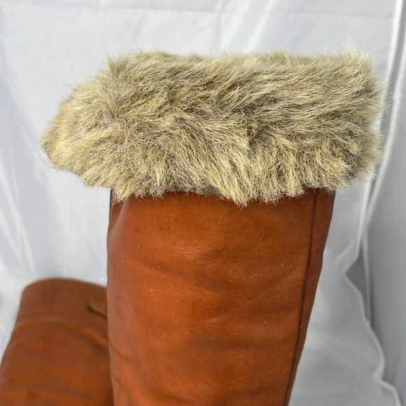 Aback A&B Cognac Leather Knee High Boots Buckle  Heels Faux Fur Inner Band 38 EU - Picture 3 of 16